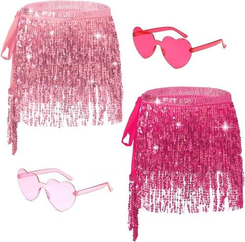 Pink sparkly skirt featuring shimmering sequins and a flared design, perfect for adding a glamorous touch to any pink-themed Halloween costume or festive outfit.