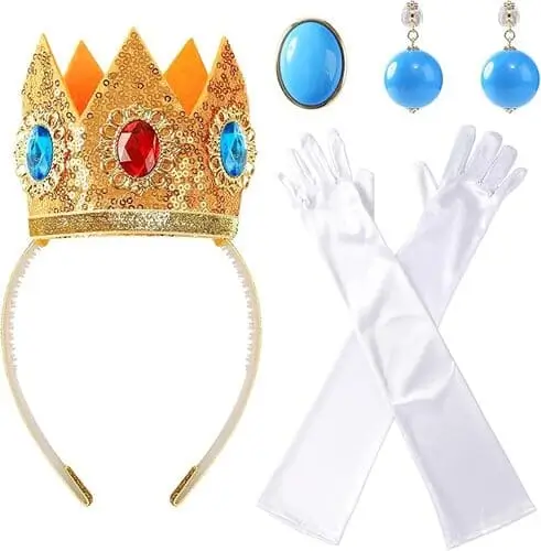 Princess Peach accessories on Amazon, including a jeweled crown, white gloves, faux pearl necklace, and pink flats, perfect for completing a DIY Princess Peach costume for Halloween or cosplay.