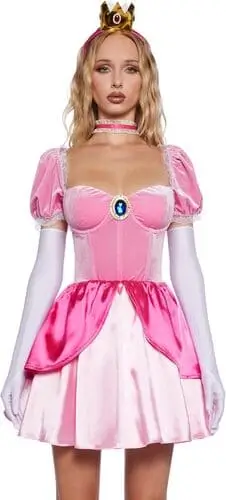 Princess Peach costume by Dolls Kill featuring a vibrant pink dress with puffed sleeves, a jeweled crown, and matching gloves, perfect for a bold and stylish take on the iconic video game character for Halloween or cosplay