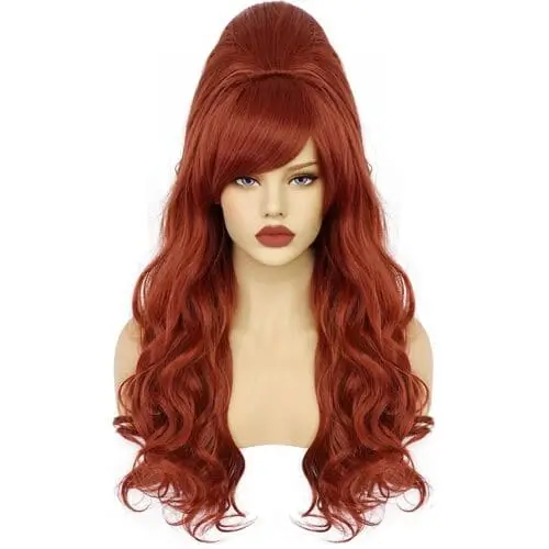 Red beehive wig featuring a voluminous, high-up style reminiscent of Chappell Roan's look from her Tiny Desk Concert, perfect for adding a bold, retro touch to your Halloween costume or performance outfit.