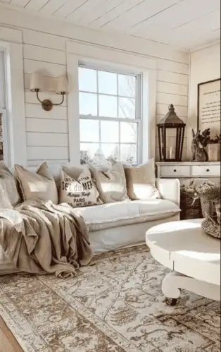 Modern farmhouse living room with white shiplap walls, adding rustic charm and texture, paired with natural wood accents and a neutral color palette for a timeless, cozy atmosphere.