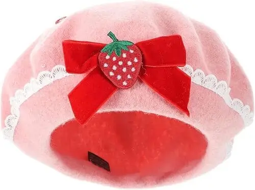 Strawberry Shortcake-inspired pink beret with strawberry accents, ideal for completing a sweet and playful Halloween costume.