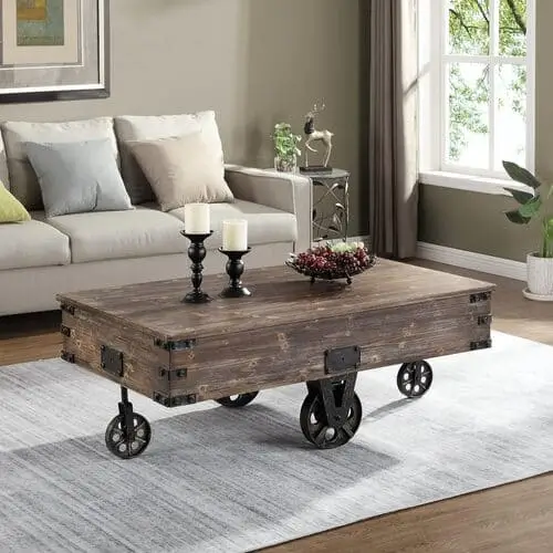 Vintage center table with wheels for living room, featuring a charming blend of rustic design and functional mobility. This antique-inspired coffee table adds character and versatility to your space, making it a stylish and practical addition to any farmhouse or vintage-themed decor.