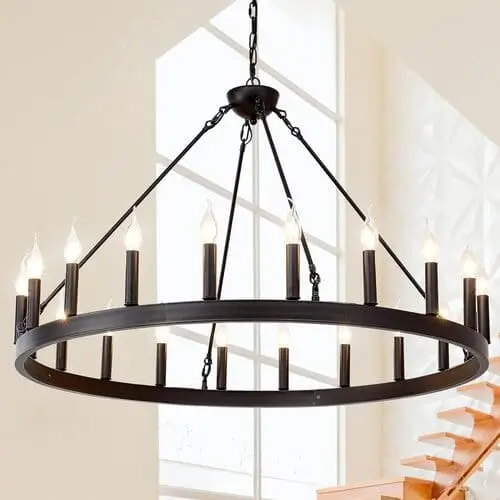 Wagon wheel chandelier in a farmhouse living room, featuring rustic design with industrial elements. This statement lighting adds a warm, inviting glow and enhances the farmhouse aesthetic with its vintage-inspired charm