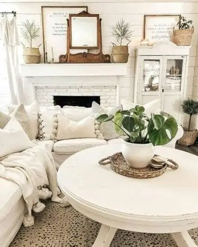 Stylish white farmhouse living room featuring potted plants like fiddle leaf fig and snake plant, adding natural greenery and enhancing the rustic charm with a modern twist. Perfect plant decor ideas for a cozy, inviting farmhouse aesthetic.