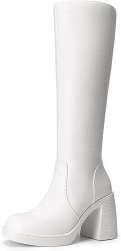 White platform boots inspired by Sabrina Carpenter, available on Amazon, featuring a sleek design with a chunky heel, perfect for adding a bold, trendy edge to any outfit. Shop these stylish boots to elevate your footwear collection.