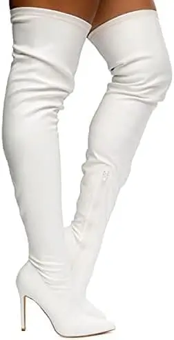 White thigh-high boots featuring a sleek, fitted design with a pointed toe and stiletto heel, perfect for adding a stylish and bold touch to any Ariana Grande-inspired costume or chic outfit.