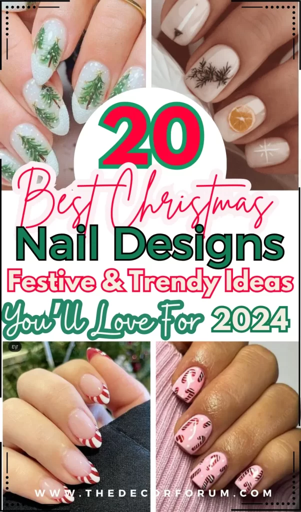 20 best Christmas nail designs featuring festive holiday patterns, glitter, candy canes, snowflakes, and more. Get inspired with trendy Christmas nail art ideas.