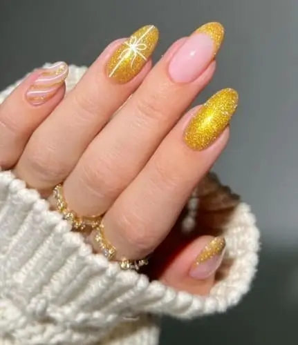 Elegant gold Christmas nails with a gift accent nail, perfect for a festive and stylish holiday manicure for 2024. Ideal for chic seasonal nail inspiration."