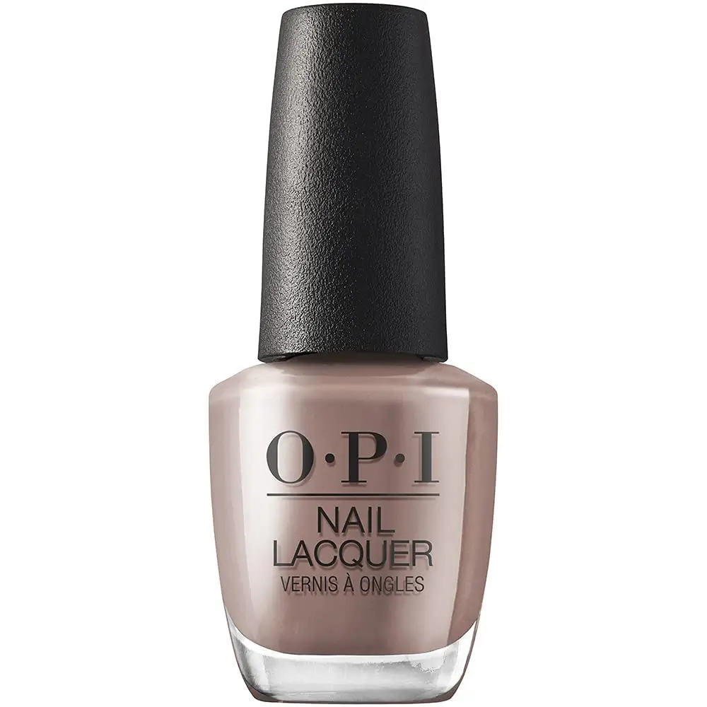 Close-up of OPI Bonfire Serenade nail polish, a rich, earthy brown shade perfect for fall, available for purchase on Amazon.