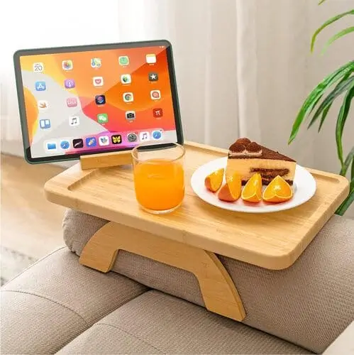 Bamboo Couch Clip-On Tray for Easy Access to Beverages and Essentials – Space-Saving Tray Table for Living Room and Bedroom Combos