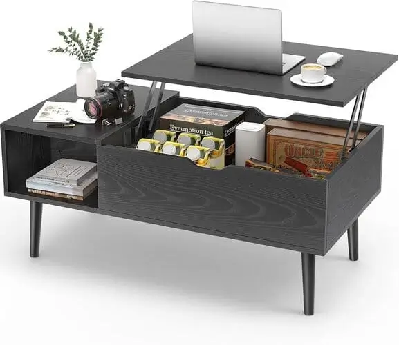 Sleek black convertible coffee table in a modern living room bedroom combo, offering multifunctional use with hidden storage and adjustable height for small spaces. Perfect for minimalist or contemporary decor, ideal for maximizing storage and style.