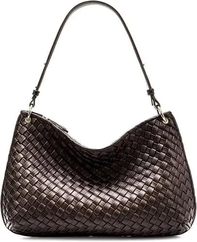 Trendy brown woven bag dupe of Bottega for fall fashion, featuring a chic design and textured weave, perfect for adding a stylish touch to your autumn outfits.