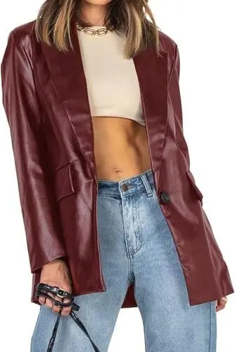 Chic burgundy faux leather blazer for fall fashion, featuring a sleek tailored design, perfect for adding a bold, stylish touch to autumn outfits.