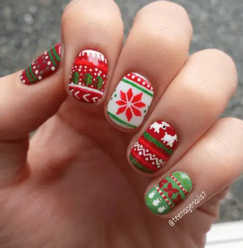 Festive Christmas sweater nails with cozy knit patterns and holiday-inspired designs, perfect for a warm and cheerful manicure for 2024.