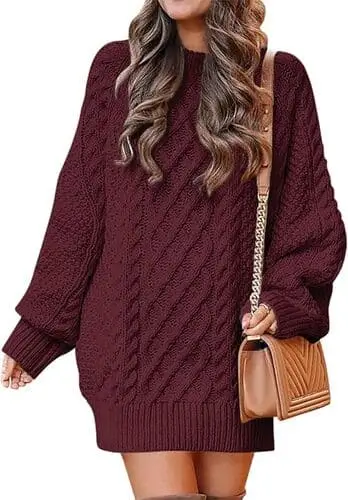 Cozy chunky burgundy sweater for fall, featuring a relaxed fit and soft knit texture, perfect for staying warm and stylish during autumn.