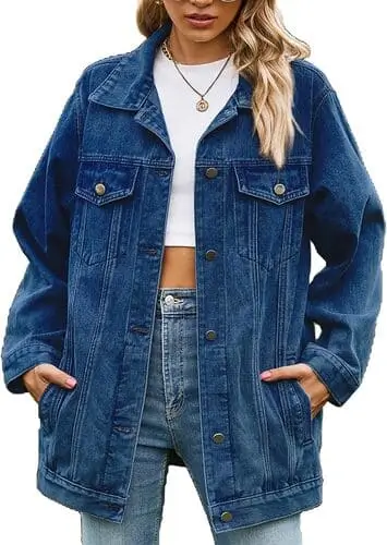 Dark blue long oversized denim jacket for double denim outfits for fall fashion 2024