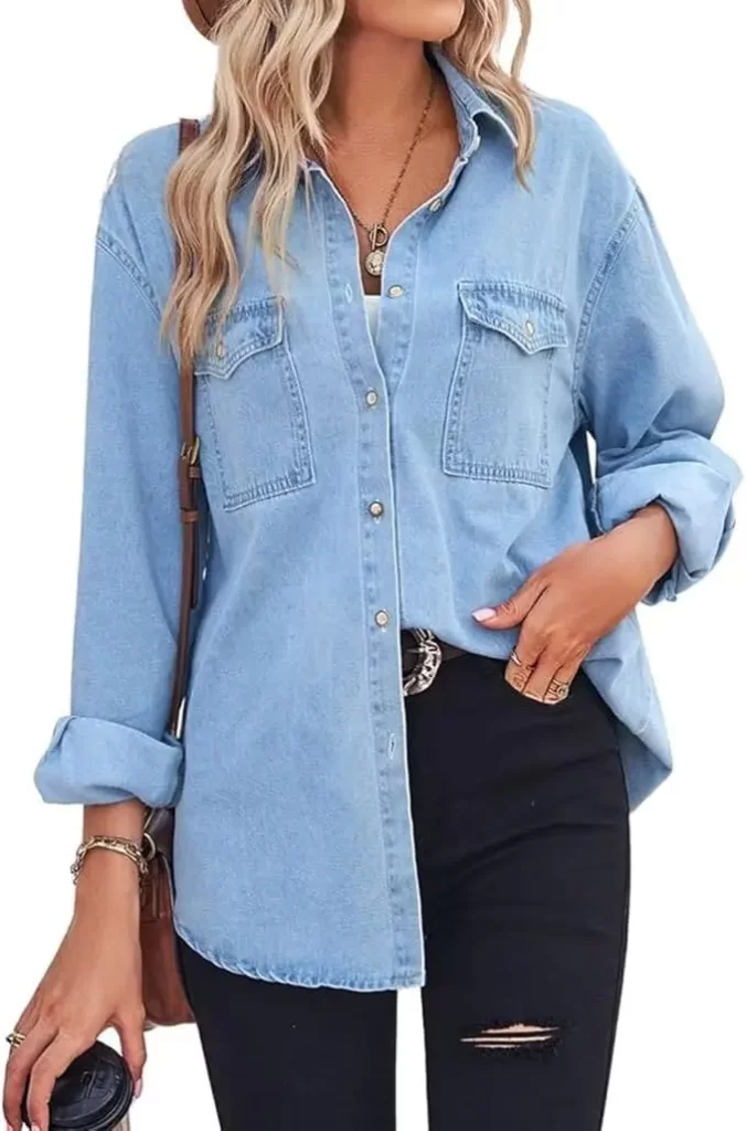 light blue oversized denim shirt for double denim outfit for fall fashion 2024