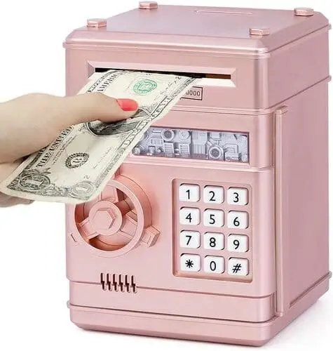 Electronic bank can store 600 coins or 100 paper bills — protected with a 4 digit password.
Available in 12 colors.