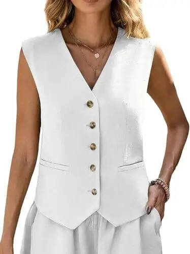 Lightweight linen vest for fall fashion, featuring a tailored fit, perfect for layering over blouses or long sleeves, available on Amazon.