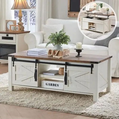 Rustic farmhouse-style lift coffee table in a cozy living room bedroom combo, featuring a weathered wood finish and hidden storage beneath the tabletop. Perfect for small spaces, offering both charm and practical functionality for modern farmhouse decor.