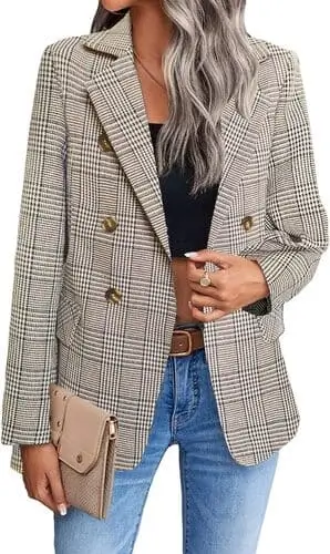 Chic fitted blazer in French plaid print for fall fashion, featuring a tailored design, perfect for a polished autumn look, available on Amazon