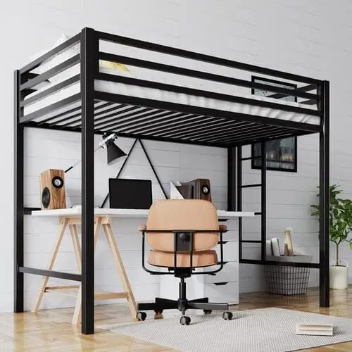 Space-saving loft bed design ideal for small bedrooms, maximizing floor space and creating a stylish study or lounge area underneath – explore more innovative small space solutions at thedecorforum.com!