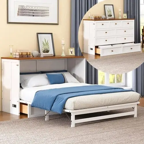 White Murphy bed chest in a living room and bedroom combo, perfect for small spaces. This multifunctional furniture piece saves floor space while providing a stylish, modern look. Ideal for compact apartments and efficient room layouts. Optimize your space with this chic, versatile bed chest that seamlessly blends into any decor.