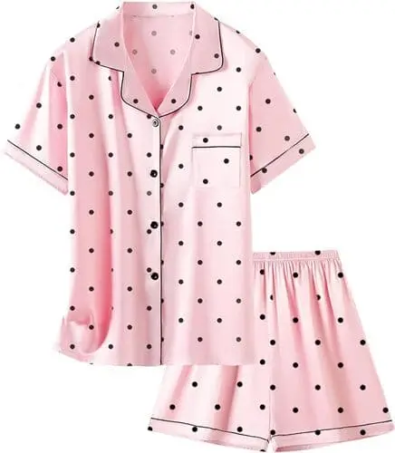 Pink Satin Pajama Set with Black Polka Dots – Cozy and Stylish Loungewear for Tween Girls 2024. Perfect for Sleepovers and Relaxing at Home!