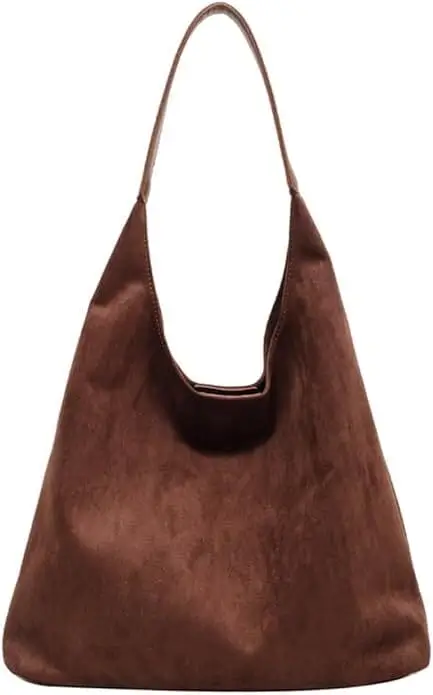 Casual slouchy brown suede tote bag for fall, featuring a relaxed design and soft texture, perfect for carrying your essentials in style this autumn.