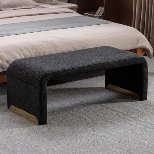 Elegant black boucle bench for stylish bedroom inspiration, offering modern texture and comfort. Ideal for adding a chic touch to your bedroom decor.