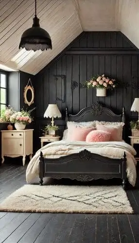 Charming black, cream, and pink cottagecore bedroom with cozy vintage-inspired decor, blending soft hues and rustic charm for a dreamy, whimsical space