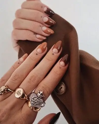 Chic brown and white half moon nails—elegant nail art inspiration for a stylish, modern manicure.