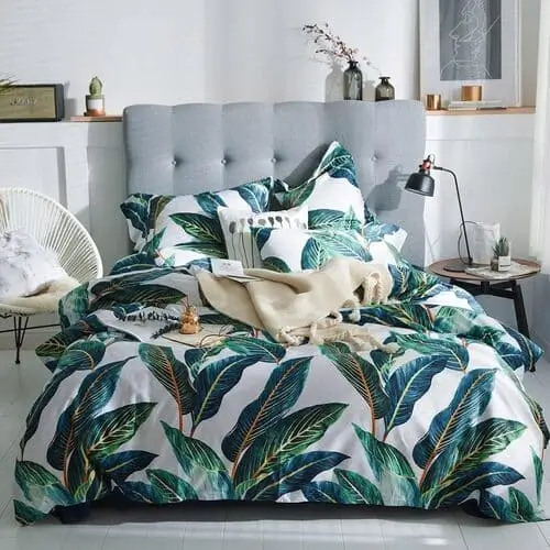 Bold retro leaves bedding set for a vintage eclectic bedroom, featuring vibrant patterns, available on Amazon to create a statement look.