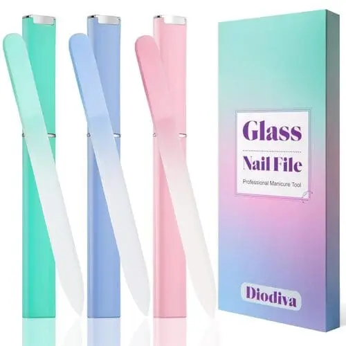 Glass nail files for achieving flawless brown and white nail designs, perfect for shaping and smoothing nails at home.