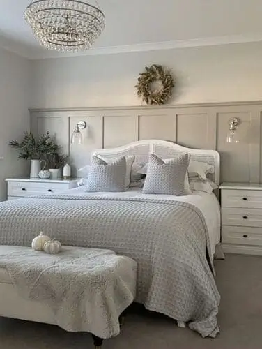 Ultra-soft grey and white bedroom with a beautiful and relaxing vibe, featuring an accent panel wall in Farrow & Ball's Elephant's Breath. Perfect for serene bedroom decor ideas.