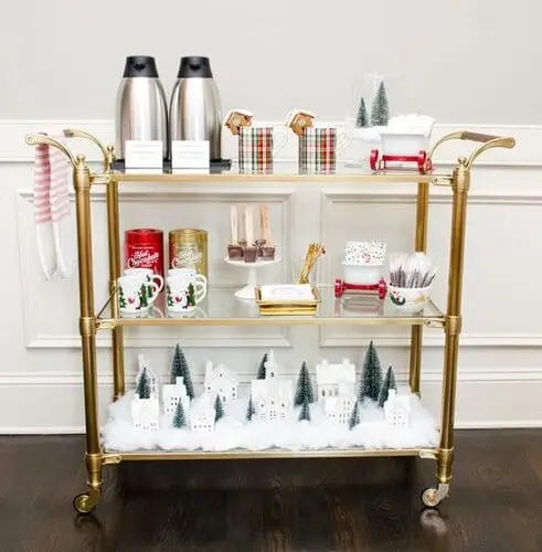 Christmas hot chocolate cart with thermal carafes for pouring, sweet snacks, and festive mugs – perfect for holiday parties and cozy winter gatherings.