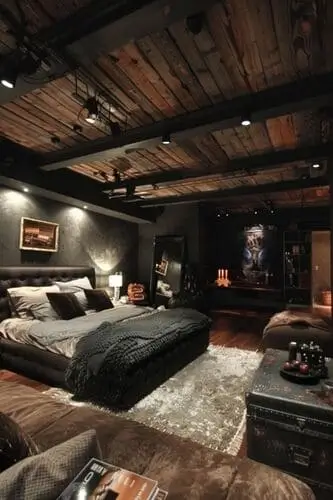 Luxurious industrial bedroom featuring exposed wooden ceiling, bold ceiling beams, elegant furnishings, and modern decor elements, designed for a stylish urban living experience.