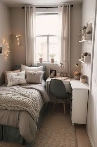 Long narrow bedroom ideas featuring smart space-saving solutions like a daybed, pastel bedding, and cozy decor. Perfect for small room inspiration and layout tips.