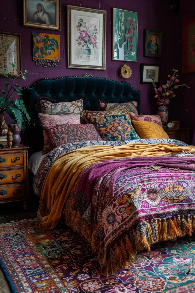 Jewel-toned maximalist bedroom with vibrant colors, textured blankets, throw pillows, and wall art. Bold bedroom inspiration perfect for those who love eclectic style.