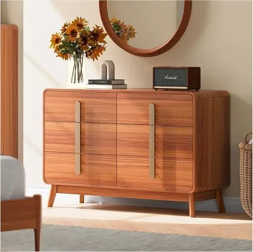 Mid-century modern dresser with sleek wood finish, available on Amazon for easy purchase to elevate your bedroom decor.