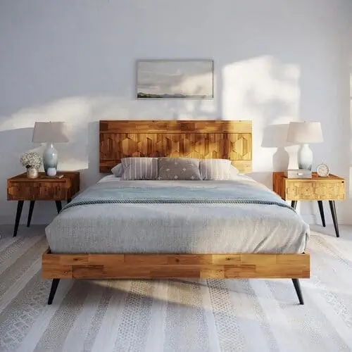 Beautiful wooden mid-century modern bedframe with sleek lines, available with fast shipping on Amazon, perfect for stylish bedroom design.