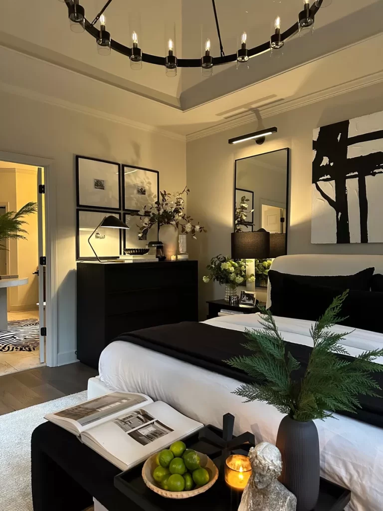 Modern black and white sophisticated bedroom with sleek furniture, bold contrast bedding, and minimalist decor accents, perfect for stylish home decor inspiration.