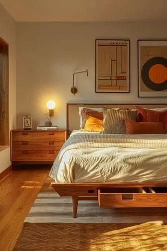 Mid-century modern bedroom with retro decor, featuring sleek wood furniture, bold geometric patterns, and vintage accents for a stylish, timeless design.