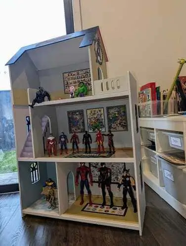 Simple Avengers superhero dollhouse for boys decorated with trading cards