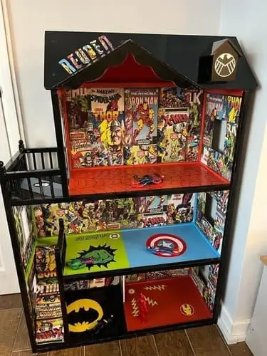 DIY superhero playhouse featuring Batman, Iron Man, Captain America, The Hulk, and Spider-Man – perfect for imaginative play. Explore more superhero playhouse ideas for boys on our blog!