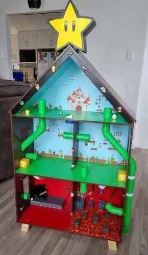 Super Mario doll house for boys – a vibrant and fun playhouse designed for imaginative adventures. Discover more exciting Super Mario-themed DIY ideas on our blog!