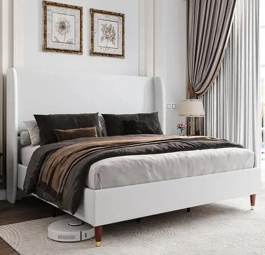 Elegant upholstered modern queen bed available on Amazon, featuring a sleek design and soft fabric—perfect for elevating any contemporary bedroom style.