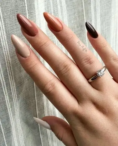 Stylish ombre nails in gradient shades from white to dark chocolate brown—trendy manicure inspiration for a modern, multi-tonal look.