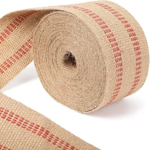 Burlap ribbon with red accents for Christmas door decoration ideas